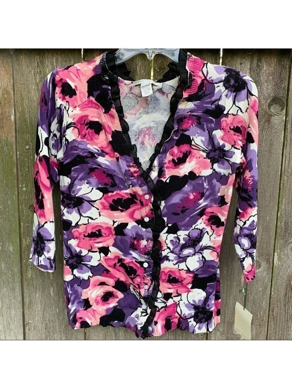 SARAH SPENCER dark floral print ruffle 3/4 sleeve fitted cardigan fall spring